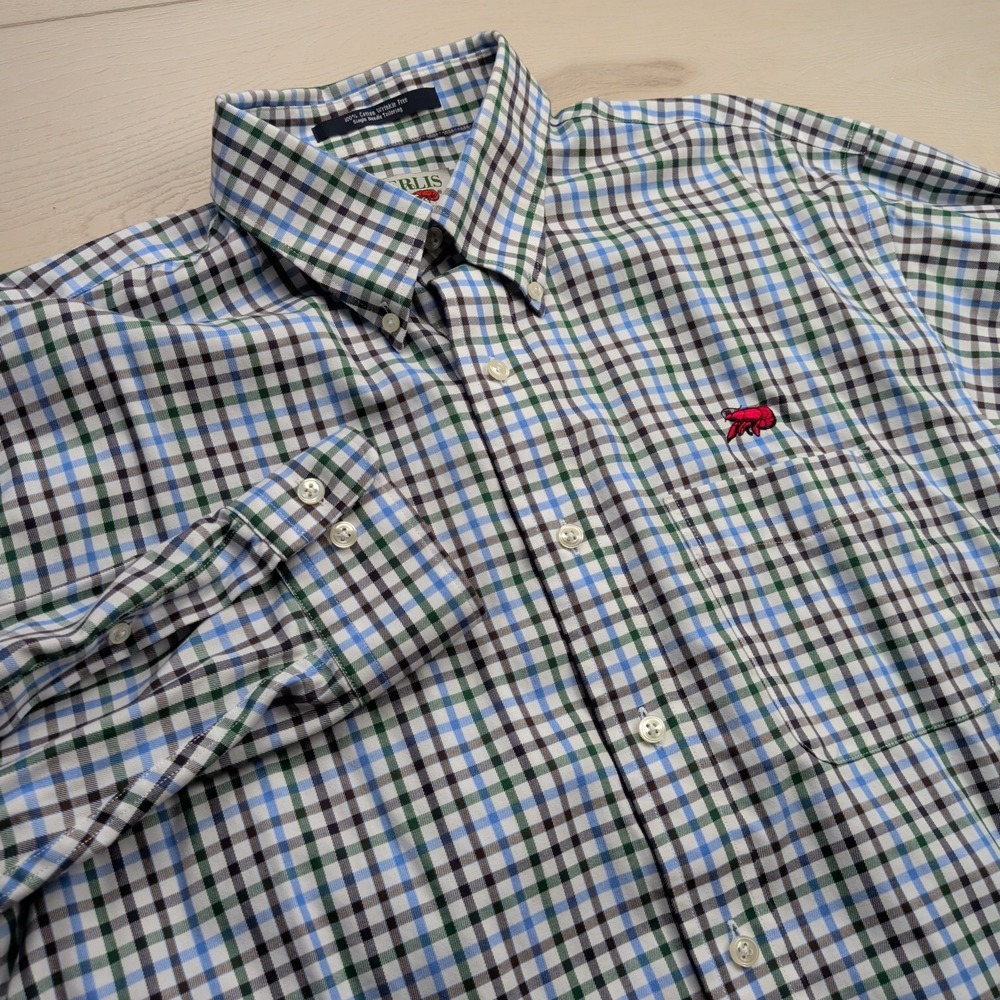 Perlis Shirt Mens L Plaid Wrinkle Free Long Sleeve Button Down Single Needle